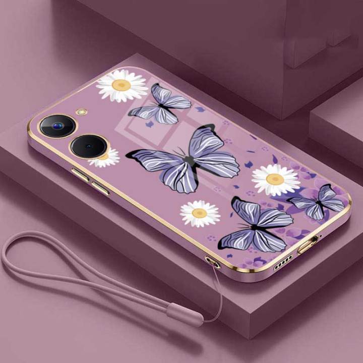 Vivo Y03 Butterfly Flower Rubber Phone Cover Glossy Plating Case