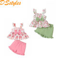 DSstyles Toddler Girls 2 Pcs Lettuce Trim Shorts Set Ruffled Sleeve Square Neck Bowknot Tank Top Elastic Waistband Shorts Outfit.