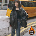 Leather Coat Women's Spring Mid-Length Autumn and Winter Korean Loose Leisure Hong Kong Style MotorcyclepuLeather Jacket with Cotton for Students.