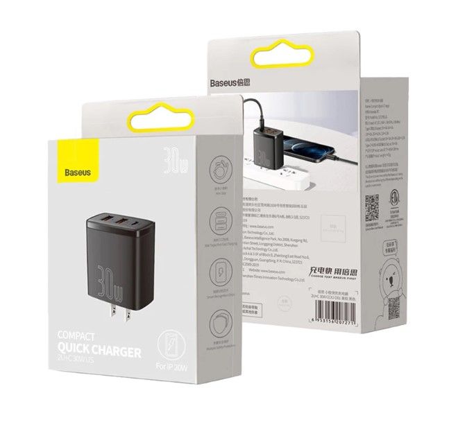 BASEUS Compact Quick Charger 2U+C Three Ports 30W Travel