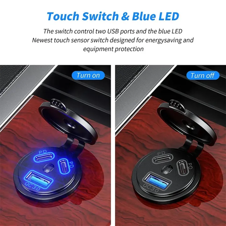 12V/24V%20USB%20Outlet%20108W%203%20Port%20Dual%20PD%2045W%20USB%20C%20Car%20Charger%20Socket%20and%20Quick%20Charge%203.0%20USB%20Charger%20with%20Voltmeter%20Power%20Switch%20-%20Image%202