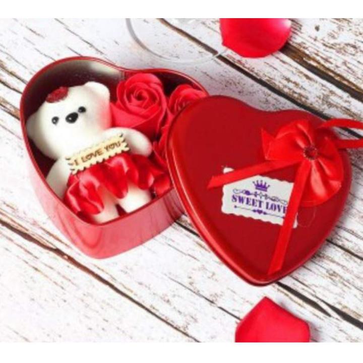 Heart Shape Gift Box With Teddy & Artificial Rose -Multi-Color - Gift Box