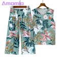 Women Pajama Set Floral Print Sleeveless Vest Wide Leg Pants Set for Mid-aged Women Casual Homewear Pajamas Set Loose Vest Pants Set.