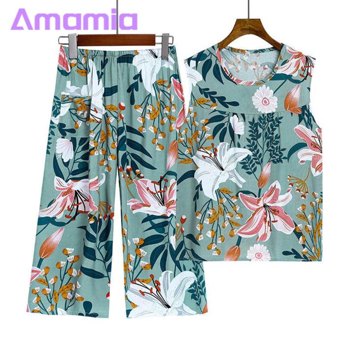Women%20Pajama%20Set%20Floral%20Print%20Sleeveless%20Vest%20Wide%20Leg%20Pants%20Set%20for%20Mid-aged%20Women%20Casual%20Homewear%20Pajamas%20Set%20Loose%20Vest%20Pants%20Set%20-%20Image%203
