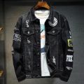 Men Brand Denim Jacket Streetwear Punk Motorcycle Ripped Print Cowboy Coats High Quality Casual Hole Loose Male Jeans Outwear.