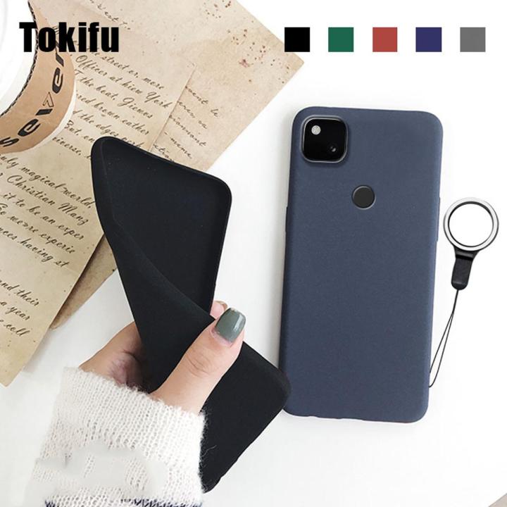 Tokifu For Google Pixel 4A 4G Case Matte Simple Solid Color Soft Silicone TPU Case Cover+Lanyard