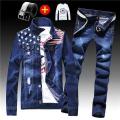 Spring Autumn Mens Denim Jacket + Jeans Pants Set Fashion Letters Printed Coat Trousers Two Piece Denim suit.