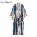 Boho Queens Women Floral Print Sashes Bohemian Robe Ladies V Neck Batwing Sleeves Happie Maxi Kimono Cover-ups. 