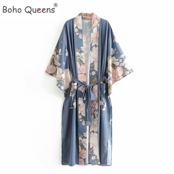 Boho%20Queens%20Women%20Floral%20Print%20Sashes%20Bohemian%20Robe%20Ladies%20V%20Neck%20Batwing%20Sleeves%20Happie%20Maxi%20Kimono%20Cover-ups%20-%20Image%202