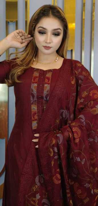 Pure AC Cotton Stitched Computer Embroidery, Sequence and Screen Print Exclusive Designed Stylist and Fashionable { 3 Piece } For Woman. - 3 Pice Dress