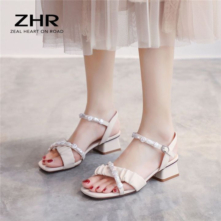 ZHR%20Women's%20Chunky%20Heel%20Sandals%202024%20New%20Summer%20Square%20Head%20Strap%20Fairy%20Style%20Pearl%20Strap%20Women's%20Mid-Heel%20Shoes%20-%20Image%205