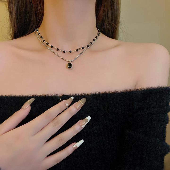 Black Resin Beads Chain Choker Double Layer Square Pendant Necklace For Women Party Jewelry Gifts