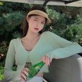 Autumn Women Knitted Cardigan Sweater Solid High-Waist Single-Breasted Long Sleeve Fit Short Coat Slim Sunscreen Tops.