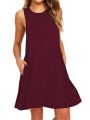 With Pocket Solid Color Sleeveless Loose Dress Women O Neck Mini Causal Dress Office Club Party Vestidos. 