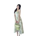 2024 Korean summer new camisole long dress with fairy ruffle edge printed sleeveless temperament picture color. 