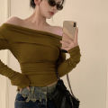 【Hot deal】 Autumn Hottie Off Shoulder T-shirt Women Solid Color Long Sleeve Chic Crop Tops.