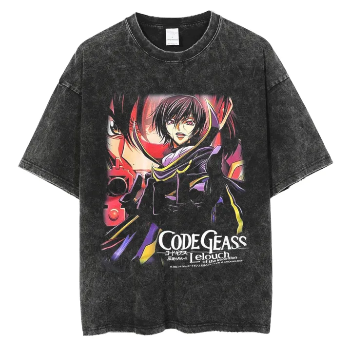 Men streetwear washed t-shirt hip hop anime Code Geass print tshirt Harajuku cotton casual T shirt summer short sleeve tops