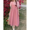 Summer New Japanese Puff Sleeve Top+Strap Dress for Female Students Sweet All-Matching Slip Dress Set. 