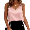 Women's Silk Satin Sleeveless Blouse Solid Color Tank Tops Basic Camisole Shirts Elegant Office Lady V Neck Shirt.