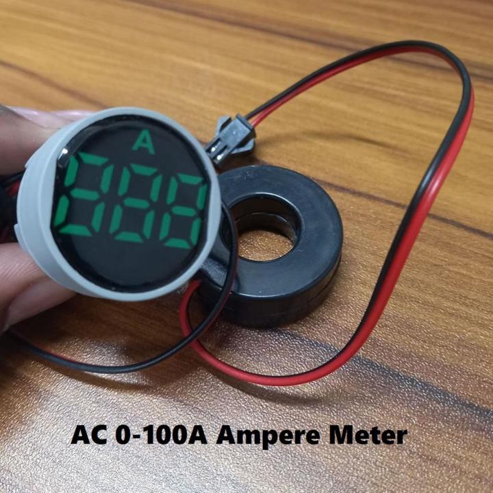 AMP Meter 22mm 100A Digital Ampere Meter Panel Mount 22mm Round Panel Ampere Meter AC 01-100A LED Digital Amp Meter Indicator Light With Current Transformer CT Cables