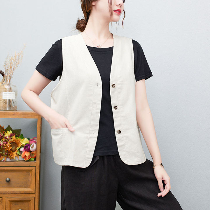 Women's%20Cotton%20and%20Linen%20Vest%20Artistic%20CasualVCollar%20Sleeveless%20Waistcoat%20Summer%20Thin%20Outer%20Match%20Cardigan%20Vest%20Small%20Coat%20-%20Image%204