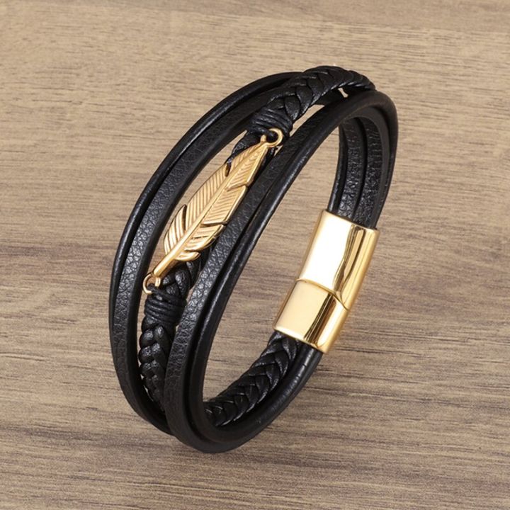 Classic multi-layered leather feather metal buckle bracelet men||||'s business casual party jewelry gifts wholesale
