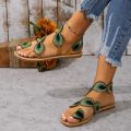 Yellow Embroidered Faux Flower Fashion Sandals Flat Plus Size 43 Summer Outdoor Beach Shoes Travel Mom Shoes. 