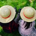 Boy Girl One Piece Cap Straw Hat Neck String Luffy Flat Hats Cosplay Japanese Cartoon Props Hat Kid Red Stripe Beach Hat YF001.