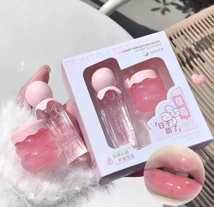 LEE INTO Strawberry Lightweight Lips Set Clear Glass Moisturizing Lip Balm Transparent Lip Oil Hydrating Jelly Day & Night Lip Mask Settle