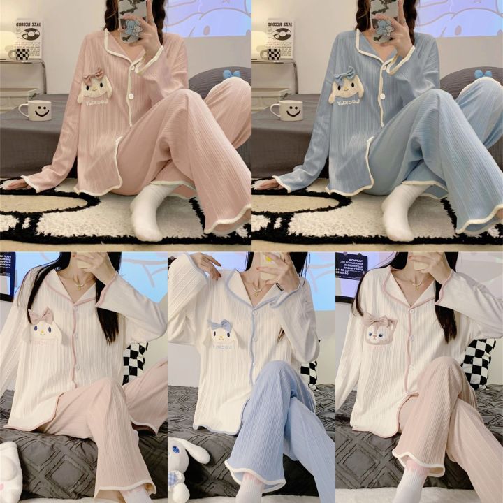 Spring and autumn cartoon sweet embroidery cinnamon dog pajamas women's long sleeves and long pants Internet celebrity live broadcast micro-business home clothes on behalf of the hair