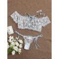 Mesh Lingerie Bra Set Women Lace Underwear Bowknot Strapless Bra Thong Set Sleepwear Lingerie Seamless Panties. 