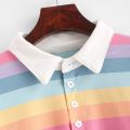Rainbow Striped Print Short Pullover Hoodie Women's Top Long Sleeve With Button Sweatshirt Casual Turn-down Collar Warm Sweater.