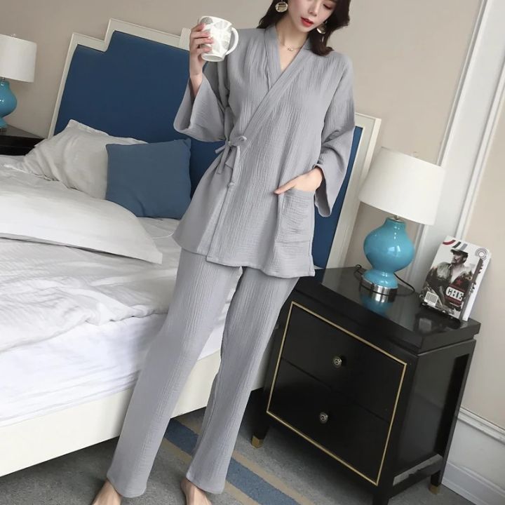 Women%20relax%20wear%20Pajama%20Robe%20Sets%20Cotton%20crepeTops+%20Pants%202%20Pieces%20Sets%20Casual%20Trouser%20Home%20wear%20Suits%20Nightgown%20-%20Image%203