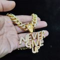 Men Women Hip Hop NEVER GIVE UP Pendant Necklace 13mm Crystal Cuban Chain HipHop Iced Out Bling Necklaces Fashion Charm Jewelry.