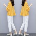 One-PieceSuit Women's Clothing Autumn Clothing Two-Piece Pants Cotton and Linen Loose Top Cropped Pants Casual Fashion Set. 
