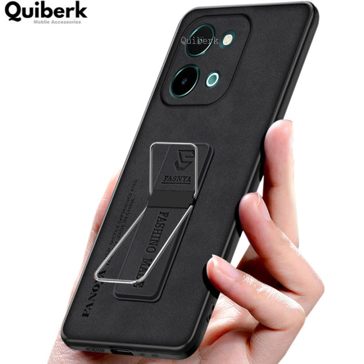New Phone case Vivo Y28 4G Back cover matte Invisible Hard Bracket Slim Back cover PU Leather Phone casing +Universal Kickstand