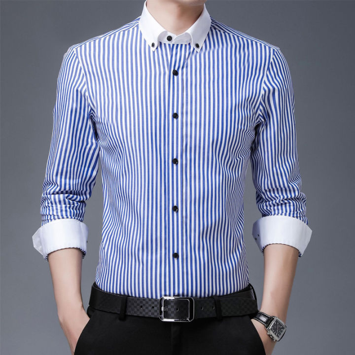 Quality all cotton striped long sleeved shirt, versatile business and casual men's top, cardigan shirt