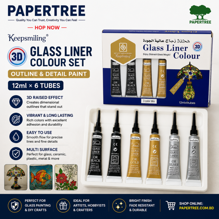 Keepsmiling 3D Glass Liner Color Black 12 ml × 6 Tubes Glass Painting Outline Color Pack of 1