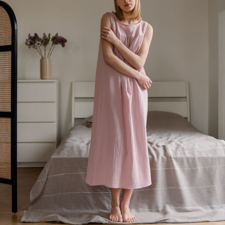 Women's%20Fashaionable%20Organic%20Cotton%20Dress%20Crepe%20Pink%20Sleeveless%20Extra%20Long%20Dress%20-%20Image%206