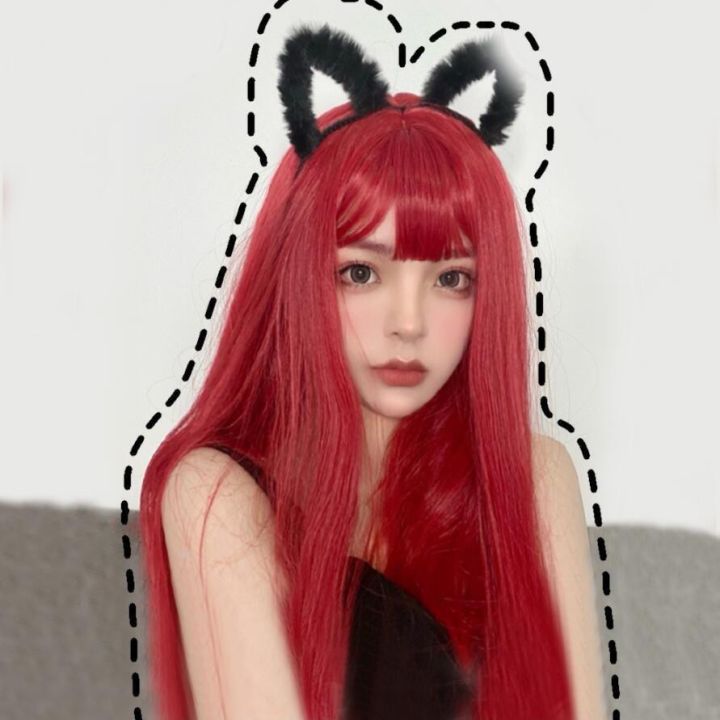 【DATA FROG Global MALL】（NEW）Wig female long straight hair cute air bangs black long hair fluffy hair set bangs medium long hair Woman wig