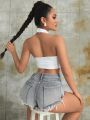 2023 Fashion Women Mini Short Jeans Sexy Babes Rave Slant Pocket Ripped Raw Hem Denim Low Waist Skinny Shorts Mujer. 