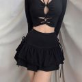 Gothic Street Bandage Ruffle Tiered Skirt Women High Waist Solid Criss Cross Tie Up A-Line Mini Skirt Pleated Skirts.