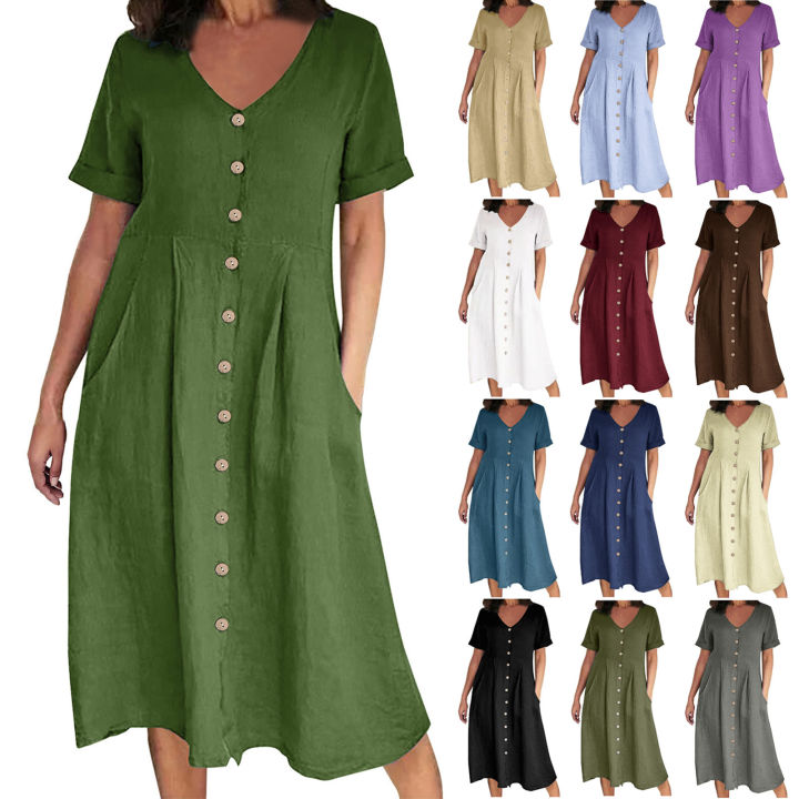 Women’s qualityful Solid Color Loose Short Sleeve Mid-long A-line Dresses V-neck Button Breasted Female Dress