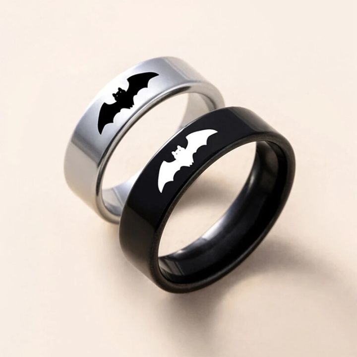 Pcs/Set Halloween Bat Couple Ring Punk Black Silver Color