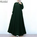 ZANZEA Muslimah Womens Muslim Pleated Baggy Long Sleeve A Line Elegant Maxi Dress.