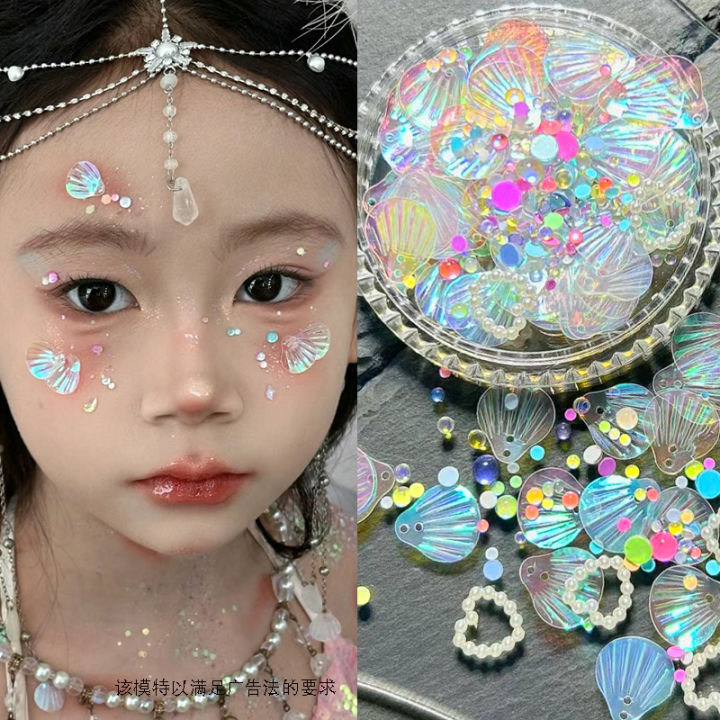 Face jewelry, antique shark makeup, shell fish scales, mermaid tear makeup, Hanfu, pearl nail art, eye makeup, patches
