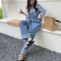 Shirt Stitching Denim Jumpsuit Women's High Waist Loose Drooping Mop Trousers Niche Fried Street Wide Leg Straight Pants. 