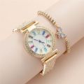 New Fashion Luxury Color Graduated Diamond Temperament Large Dial Ladies Quartz Watch Set 2pcs/set. 