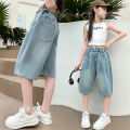 2421 Distressed Jeans Summer Fashion Girls Denim Shorts Wear Through Youth Jeans Student Children's Denim Cropped Pants.