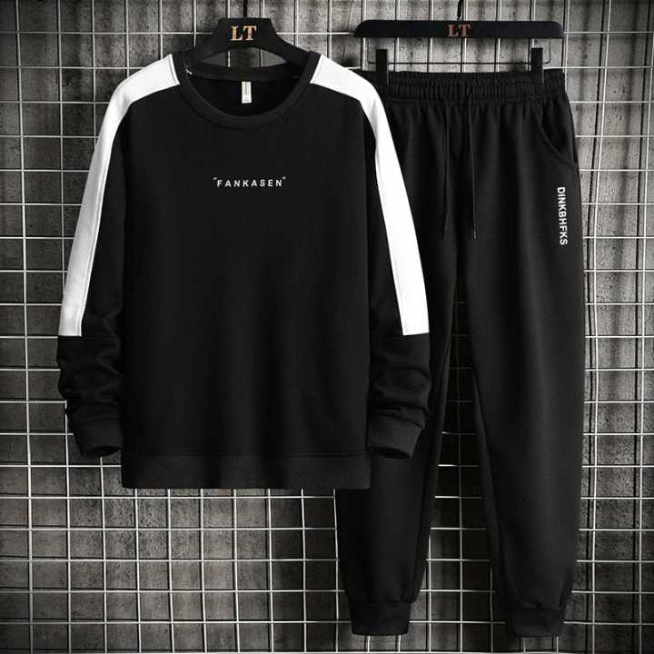 Long Sleeve black and white T shirt And black trouser set for men